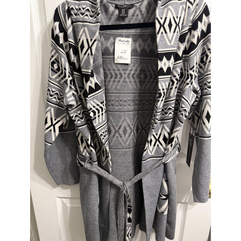 Rachel Zoe Hooded Cardigan Sweater Geometric Tribal Gray Black White NWT 1X